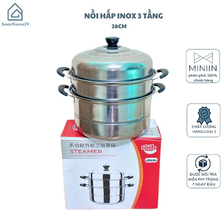 Nồi Hấp Inox 3 Tầng Siêu To 28CM Dùng Cho Cả Bếp Từ Và Bếp Ga, Nồi Hấp Bánh Bao Bánh Flan Hấp Thức Ăn Tặng Kèm Xửng Hấp - HÀNG CHÍNH HÃNG MINIIN