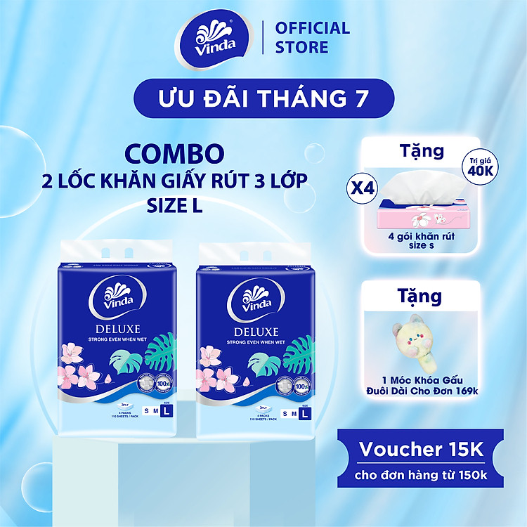 [MUA 2 LỐC KHĂN RÚT SIZE L TẶNG 1 LỐC SIZE S] Khăn giấy rút cao cấp Vinda Deluxe 3 lớp 110 tờ size L (4 Gói)