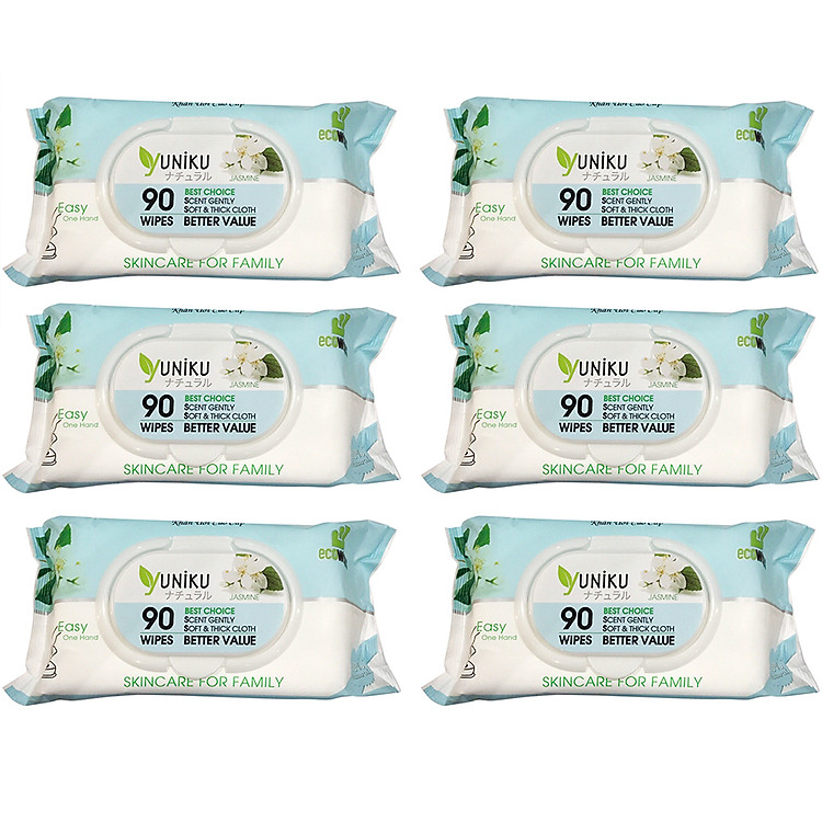 Combo 6 Khăn Ướt Yuniku Max Cool Hương Hoa Nhài Nhẹ Nhàng (90 Tờ x 6)