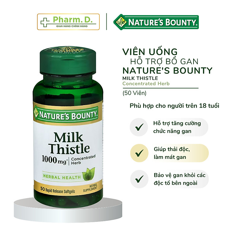 Viên Uống Bổ Gan NATURE'S BOUNTY Milk Thistle 1000mg Hỗ Trợ Thải Độc, Tăng Cường Chức Năng Gan (50 Viên)