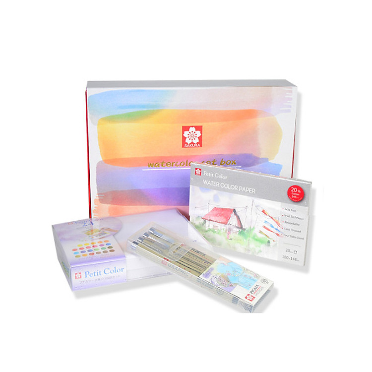 Màu nước nén Sakura Petit hộp 24 màu bản giới hạn đặc biệt kèm cọ vẽ water brush, pallete, giấy vẽ 20 tờ, set bút line viền XSDK 4P