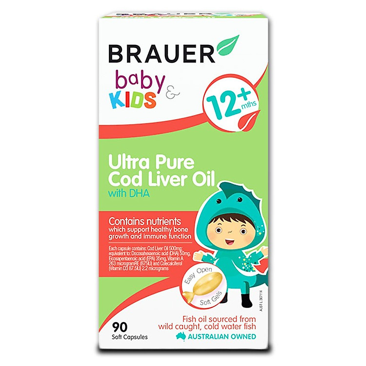 Dầu gan cá tuyết siêu tinh khiết kết hợp DHA Brauer Úc cho trẻ trên 1 tuổi 90 viên + Tặng khăn Cotton Nhật Pháp