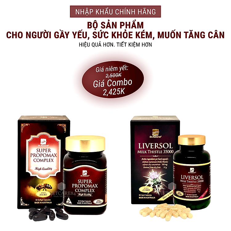 Bộ Sản Phẩm Cho Người Gầy Yếu, Sức Khỏe Kém, Muốn Tăng Cân: Viên Uống Keo Ong Super Propomax Complex 60 Viên, Bổ Gan Liversol Milk Thistle 60 Viên