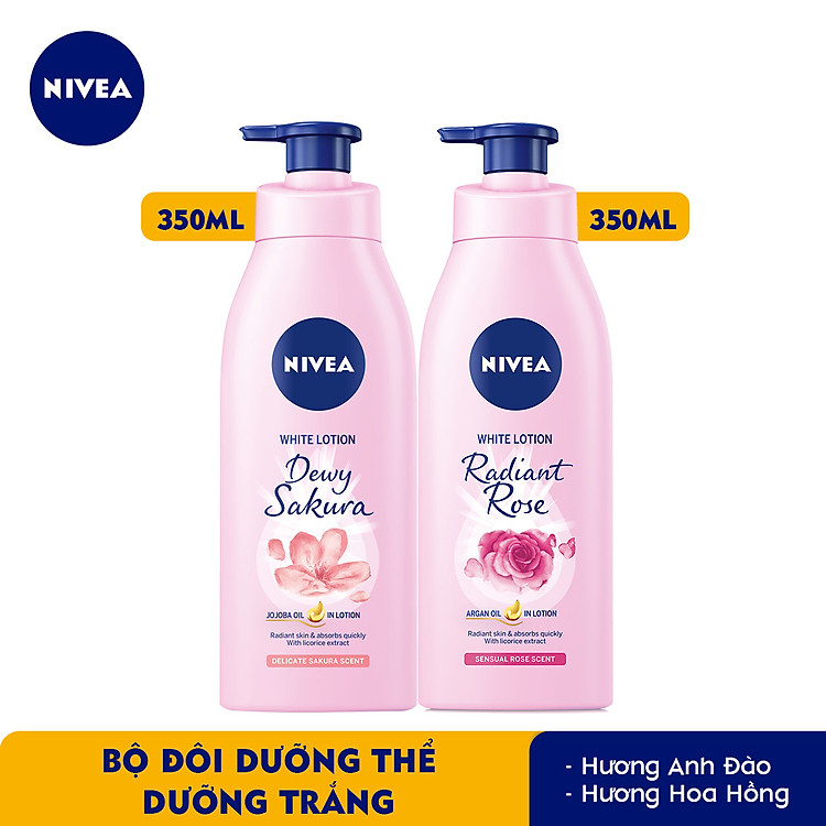 Bộ đôi dưỡng thể Hương hoa Sữa Dưỡng Thể Dưỡng Trắng NIVEA Hương Anh Đào Dewy Sakura (350ml) - 85703 & Sữa Dưỡng Thể Dưỡng Trắng NIVEA Hương Hoa Hồng Radiant Rose (350ml) - 85707