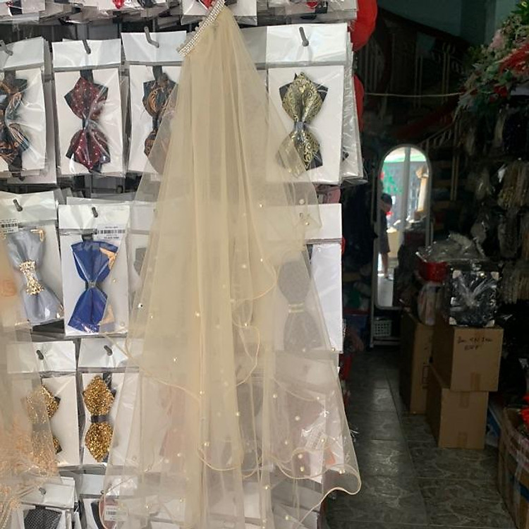 Voan cài tóc cô dâu màu da ngắn ngang lưng điểm đá hạt bẹt GiangPKC