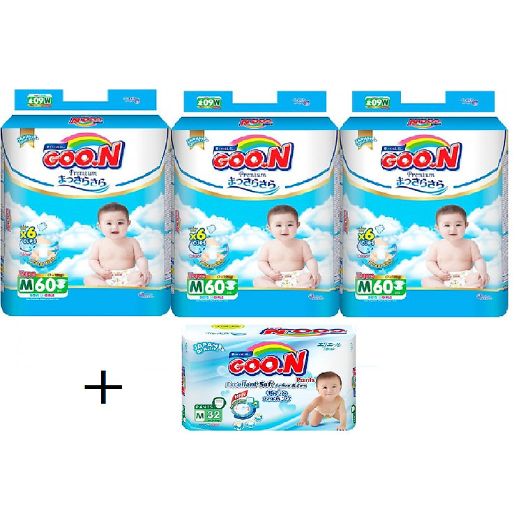 Com bo 3 bịch tã dán Goo.n Premium M60 tặng 1 bịch tã quần Goo.n slim M32