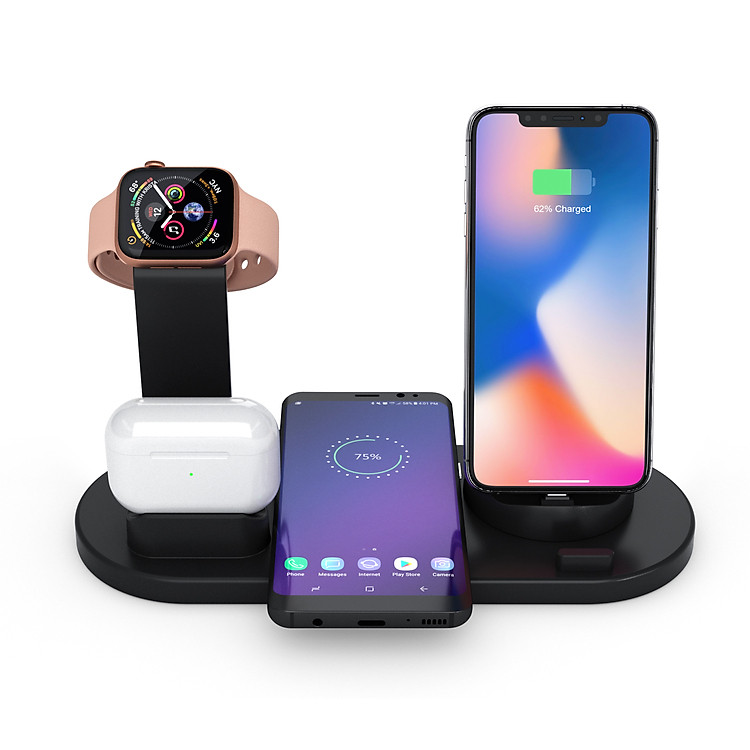 Đế sạc nhanh không dây QGeeM 4 trong 1 chuẩn Qi cho Apple Watch, Airpods, iphone 12/11/ Pro/ X XS XR Xs Max 8 8 Plus-Hàng chính hãng