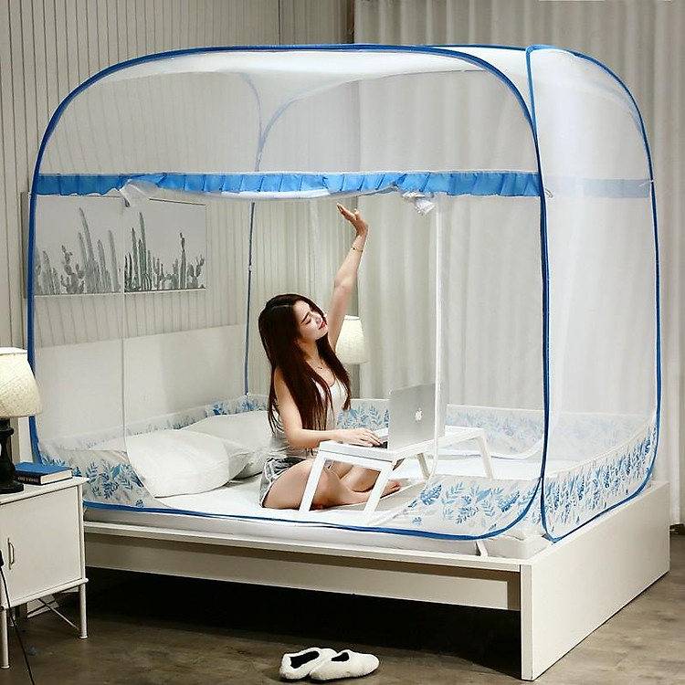Màn chụp tự bung đỉnh vuông - Mẫu mùng chụp tự bung có viền chân chống muỗi tuyệt đối