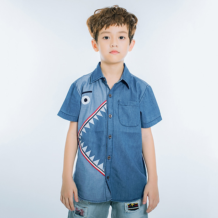 Áo Sơ Mi Jeans Tay Ngắn Bé Trai V.T.A.Kids 19012066 - Xanh Đậm