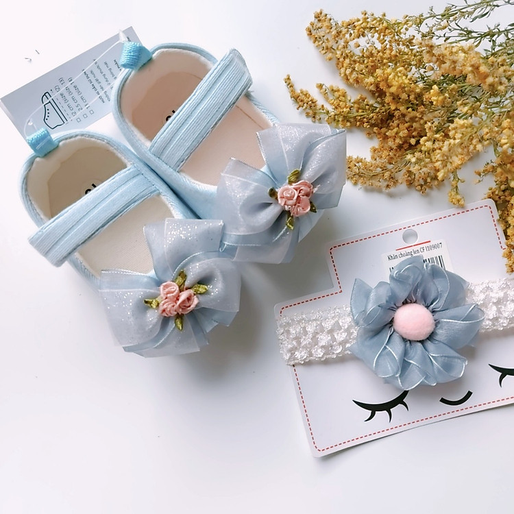 Bộ sản phẩm Giày tập đi + 1 Băng Đô cho bé gái sơ sinh từ 0 - 12 tháng - Quà tặng thôi nôi- Ma06 - màu xanh