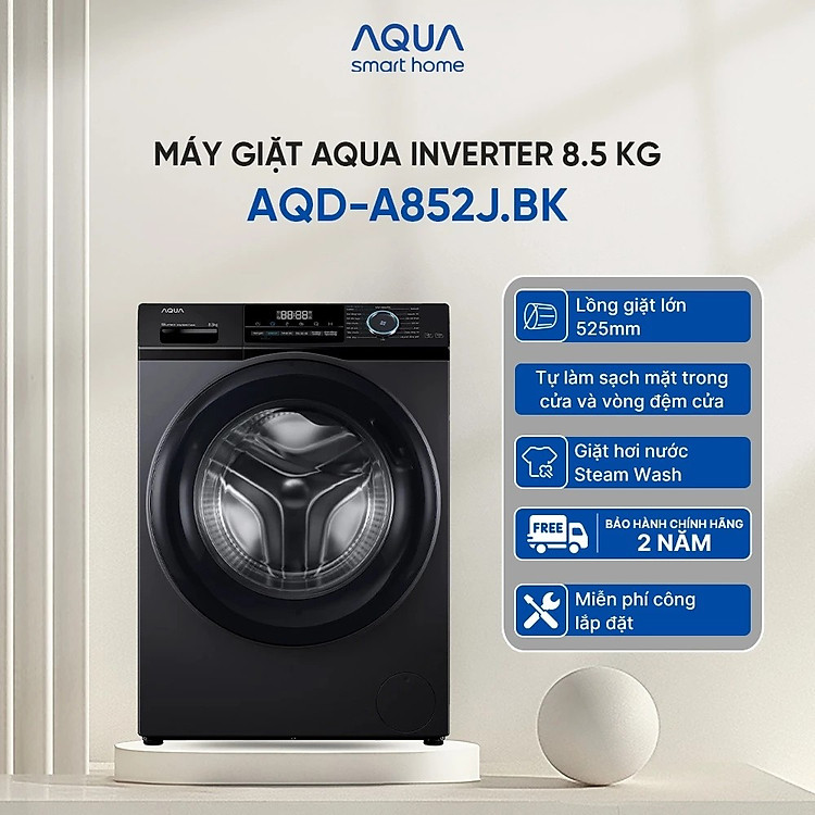 Máy giặt cửa trước Aqua Inverter 8.5KG AQD-A852J.BK - Miễn phí giao hàng toàn quốc - Hỗ trợ lắp đặt - Hàng chính hãng