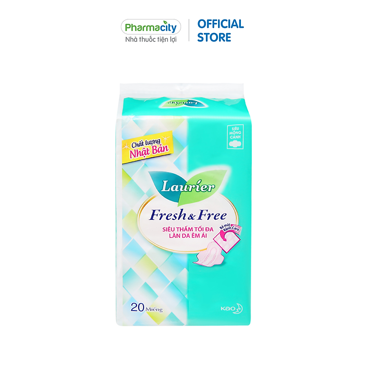 Băng vệ sinh Laurier Fresh & Free siêu mỏng cánh siêu thấm tối đa (Gói 20 miếng)