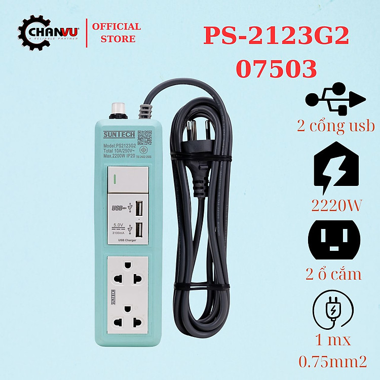 Ổ cắm điện đa năng SUNTECH nhập khẩu Thái Lan, công tắc, 2 cổng USB 3x0.75sq.mm, dây 3m,10Amp 2200W
