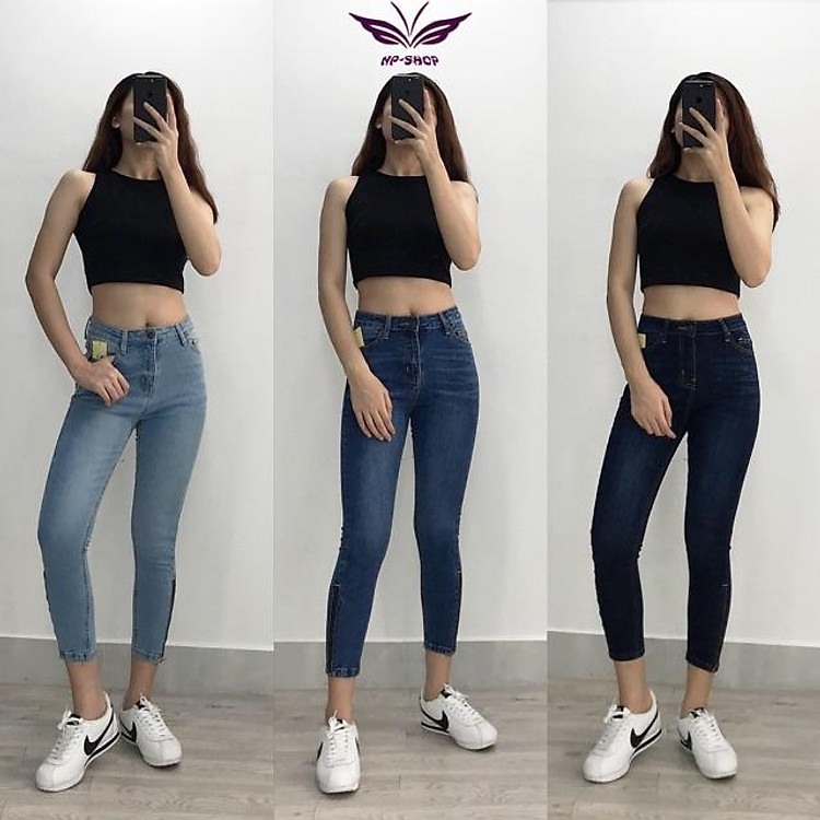 Quần jean nữ 9 tấc co giãn tốt cạp cao/ kiểu kéo dây khoá ống
