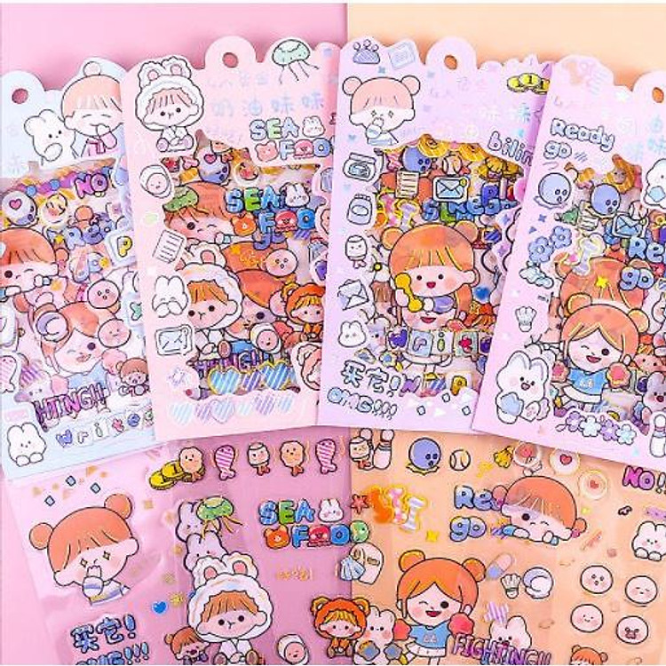 Sticker Viền Nhũ Bộ 4 Tấm Trang Trí Sổ Siêu Cute (Nhiều Chủ Đề)
