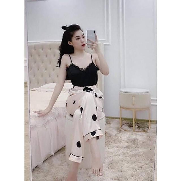 Đồ ngủ nữ đẹp 2 dây - Bộ mặc nhà lụa pijama 2 dây quần dài hè thu đông