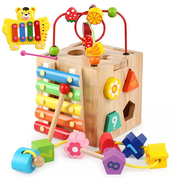 Đồ Chơi Gỗ Thông Minh,Hộp Thả Hình Kết Hợp Khối Kết Hợp Xâu Chuỗi Luồn Hạt Rèn Luyện 6 Kỹ Năng Cho Trẻ Kèm Đàn 4 Thanh