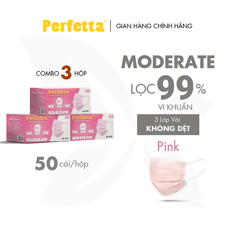 Combo 3 hộp khẩu trang kháng khuẩn kháng khuẩn 3 lớp Perfetta Moderate (50 Cái/ Hộp)