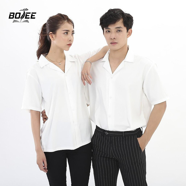 Áo sơ mi ngắn tay Trắng cổ Vest BOTEE vải lụa mềm mại form rộng unisex nam nữ phong cách HÀN QUỐC kiểu dáng rộng thoải mái chất lạu thoáng mát, không túi