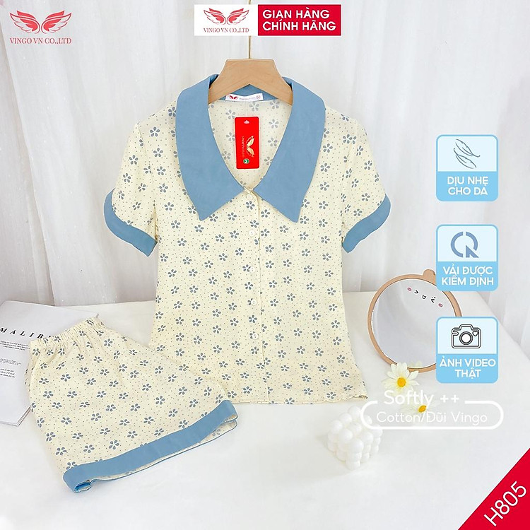 Đồ bộ Pijama nữ mặc nhà VINGO tay ngắn quần đùi chất tơ đũi mềm mát họa tiết hoa tuyết H805 VNGO