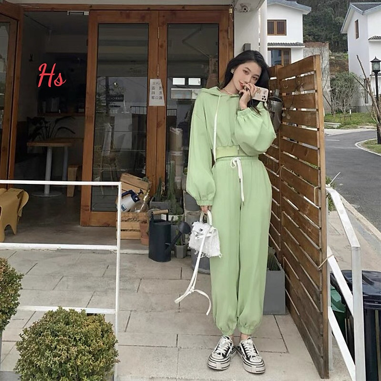 Bộ Nỉ Thể Thao Dài Tay Áo Croptop Kèm Mũ Quần Jogger Xanh Cực Xinh