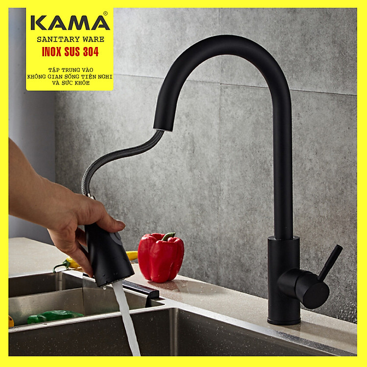 Vòi rửa chén bát nóng lạnh dây rút đen inox 304 KAMA RC10, bề mặt sơn chịu nhiệt, sang trọng, vòi chậu rửa chén dây rút nhà bếp nóng lạnh inox 304 cao 43 cm, tặng kèm bộ dây cấp nước 60cm - Mẫu mới 2020