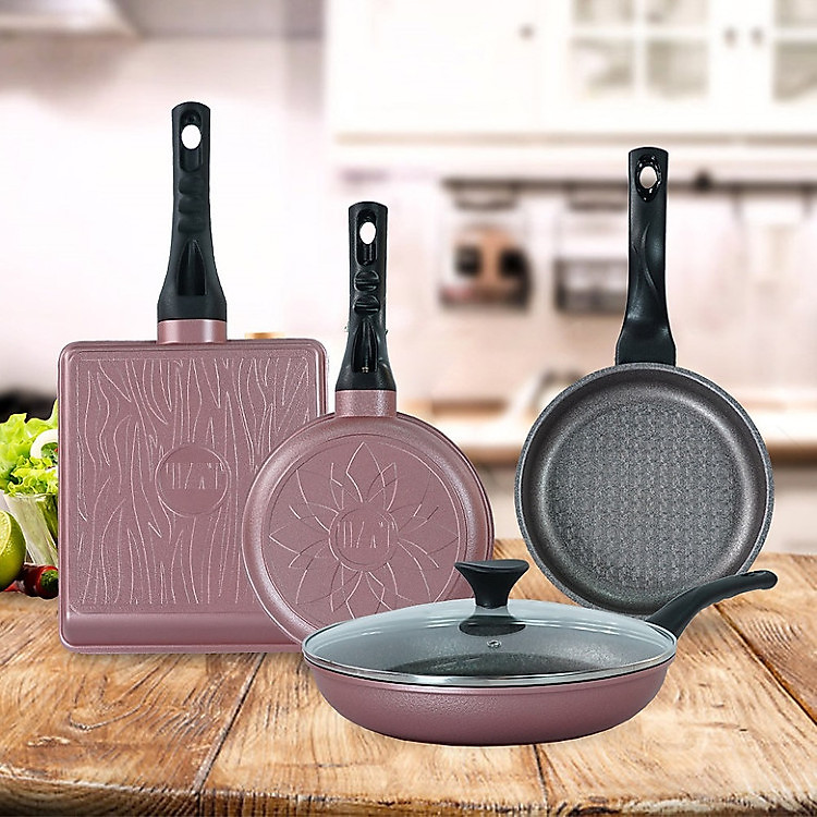 ECORAMIC - Bộ 4 chảo chống dính cao cấp: 1 Chảo sâu lòng 28cm + nắp kính, 2 chảo chiên 18 - 28cm, 1 chảo vuông 20 x 23 cm