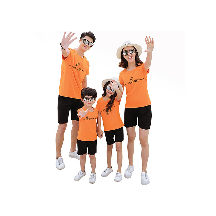 Combo 4 bộ đồ gia đình quần đen áo cam in họa tiết love xinh xắn