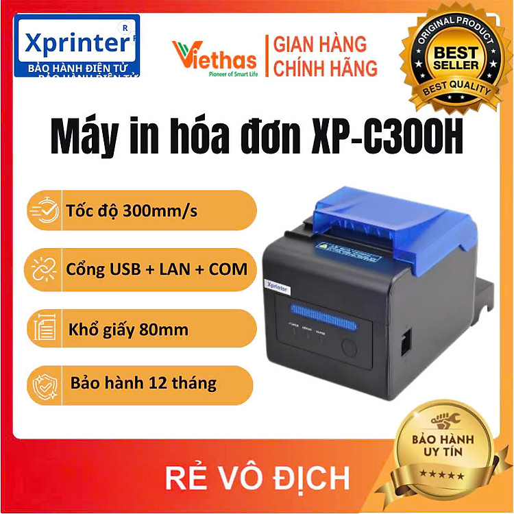 Máy in bếp Xprinter XP-C300H, máy in nhiệt K80 Cổng USB + LAN in bill trên điện và máy tính - Hàng chính hãng