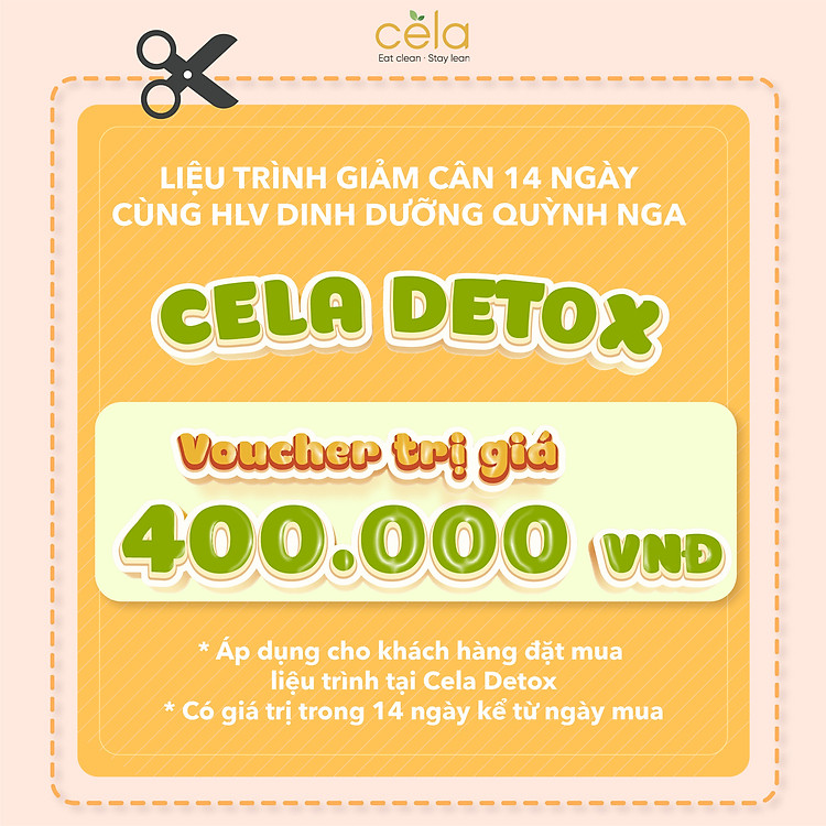 Voucher liệu trình giảm cân liệu trình 14 ngày áp dụng trên chuỗi nhà hàng Celadetox an toàn, không mệt mỏi được thiết kế bởi huấn luyện viên dinh dưỡng theo phương pháp eatclean