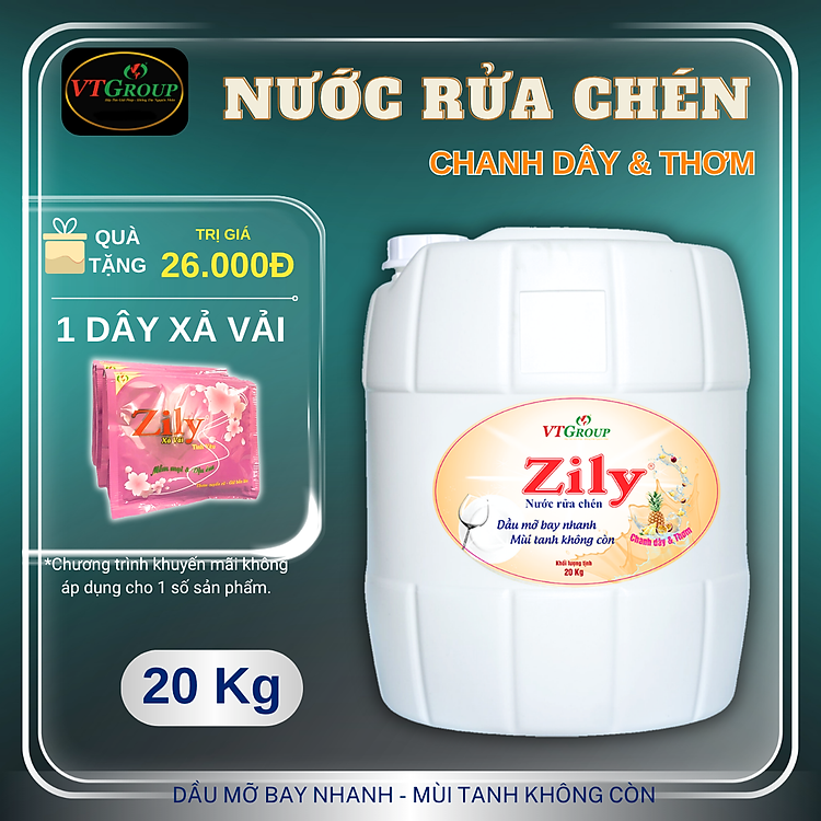 Nước rửa chén Zily can 20kg - Tặng 1 Dây xả vải Zily 10 gói
