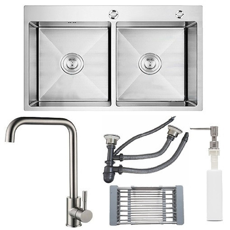 Combo chậu rửa bát 8245 hố cân, vòi rửa bát nóng lạnh, rổ inox đa năng, bộ xả chậu, bình xà phòng