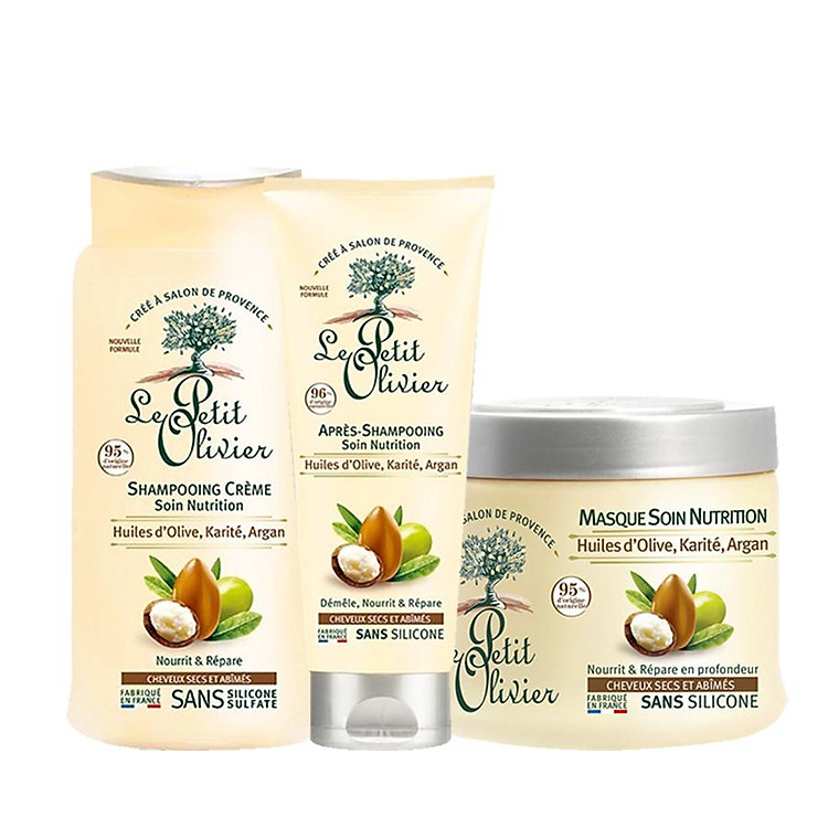 Bộ 3 sản phẩm phục hồi tóc hư tổn chiết xuất Dầu Argan, Bơ Hạt Mỡ, Dầu Olive Le petit Olivier (Dầu gội, Dầu Xả và Kem ủ tóc)