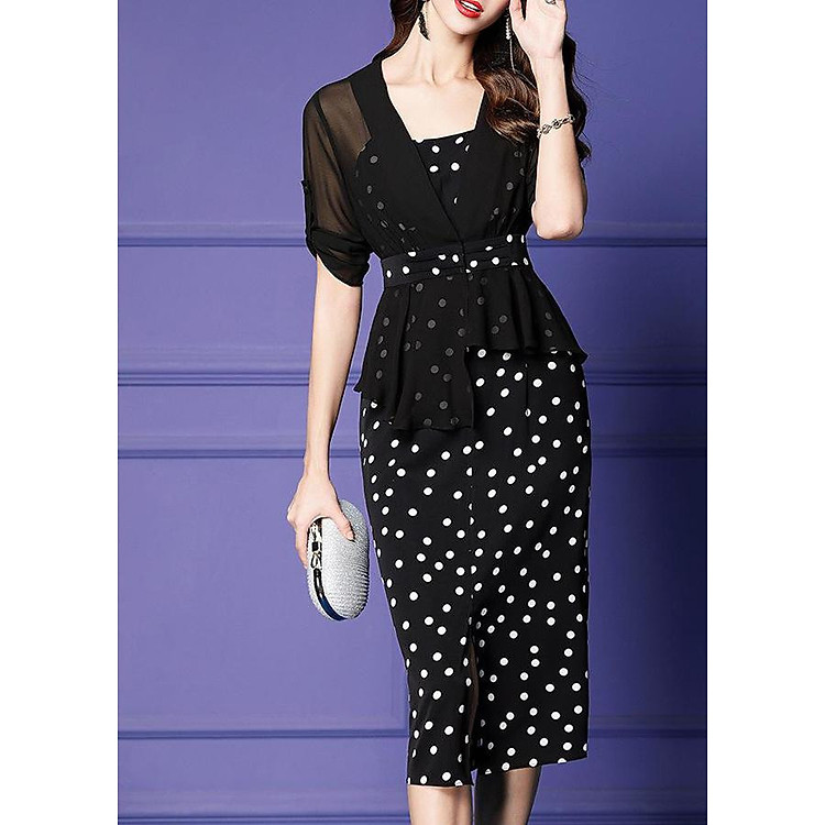 Đầm ôm dự tiệc kiểu đầm ôm chấm bi hai dây xẻ lai phối áo khoác ROMI 3100