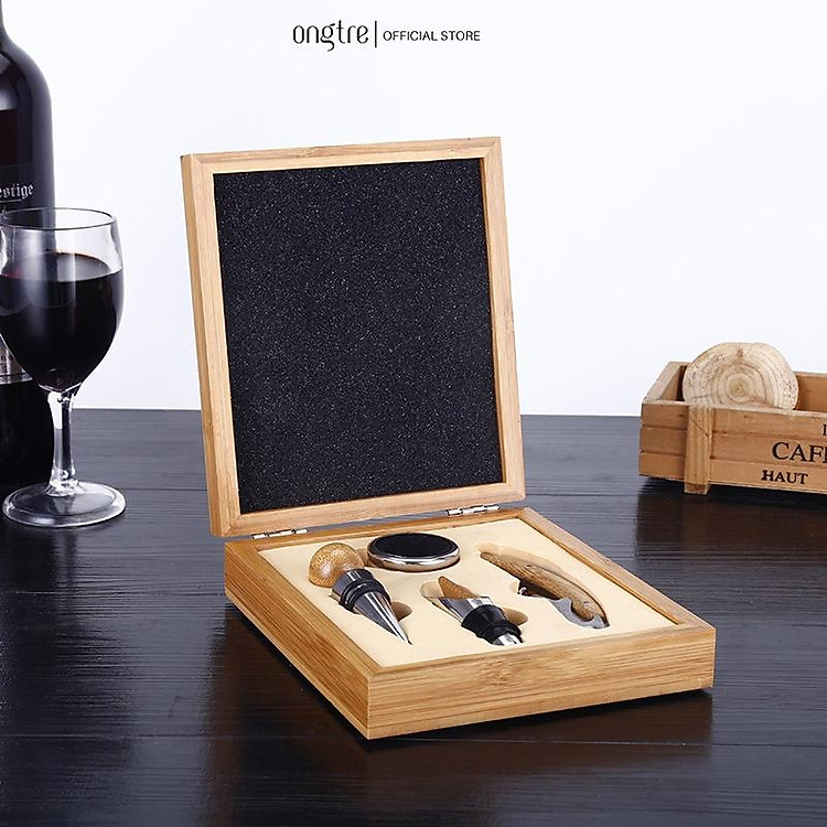 Bộ dụng cụ mở nắp chai rượu vang ONGTRE bằng tre tiện dụng, khắc tên làm quà tặng cho công ty doanh nghiệp