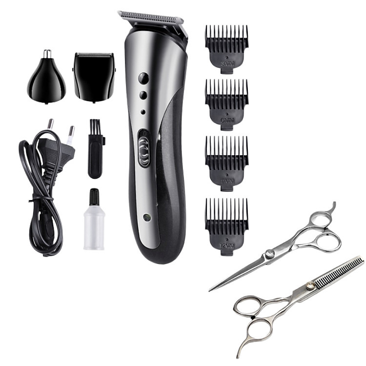 Tông Đơ Cắt Tóc Kiêm Cạo Râu Và Tỉa Lông Mũi 3 In 1 KM-1407 Cao Cấp, Tông Đơ Với Chế Độ Đèn Led Kiểu Mới Thông Minh + TẶNG KÈM Bộ 2 Kéo Cắt Tỉa Tóc Chuyên Dụng