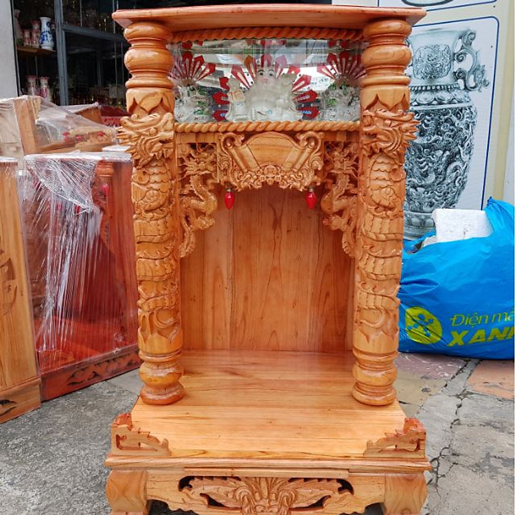 Bàn thờ thần tài ông địa gỗ xoan ngang 56 quỳ trụ điện tử