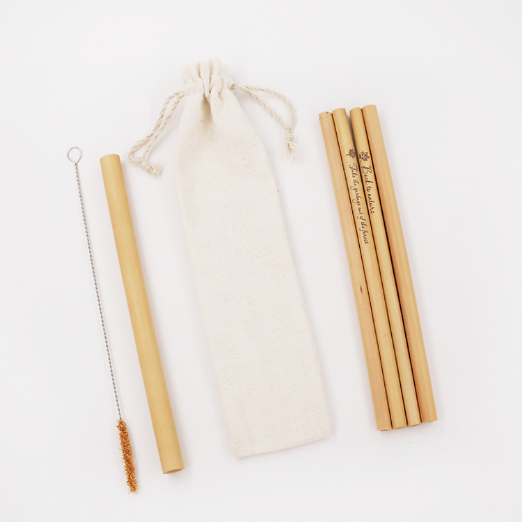 Ống hút tre - Túi Canvas (4 ống Cafe + 1 ống Trà sữa) Bamboo Straws