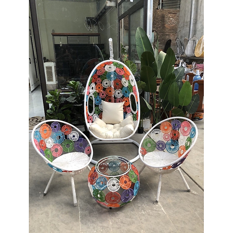 Xích đu đơn hoa mai XĐ140 chất liệu khung sắt mây nhựa cao cấp juno sofa