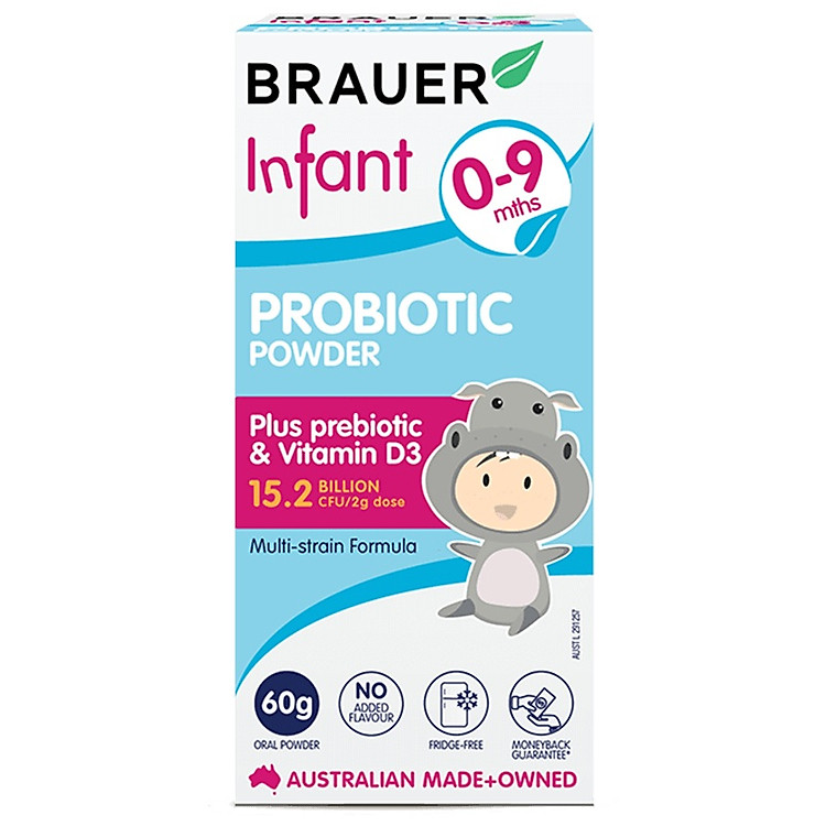 Men vi sinh Brauer Úc dạng bột dành cho trẻ từ 0 - 9 tháng tuổi 60g + Tặng khăn Cotton xuất khẩu