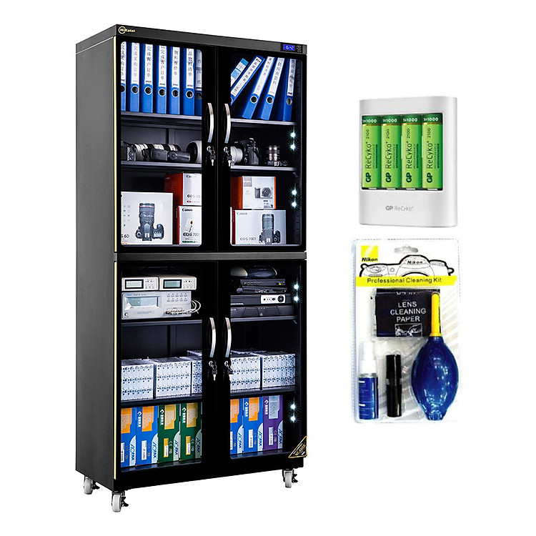 Combo Tủ Chống Ẩm Nikatei NC-600S - Gold (580 Lít) + Bộ Vệ Sinh Máy Ảnh 8 In 1 + Bộ 04 Viên Pin Và 01 Sạc GP (Japan) - Hàng Nhập Khẩu