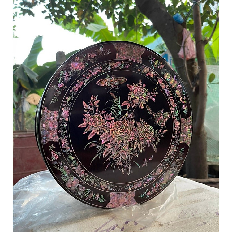 Tráp tròn gỗ gụ khảm xà cừ 30cm (cao 12cm) - Ảnh 2