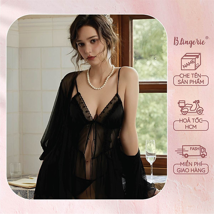 Váy Ngủ Ren Xẻ Tà Cột Nơ (Không kèm áo choàng) - B.Lingerie