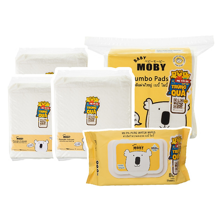 3 Bịch miếng lót chống thấm 10 miếng/bịch & 1 Bịch khăn ướt 80 tờ/gói & 1 Bịch bông miếng Moby cỡ lớn 150gr