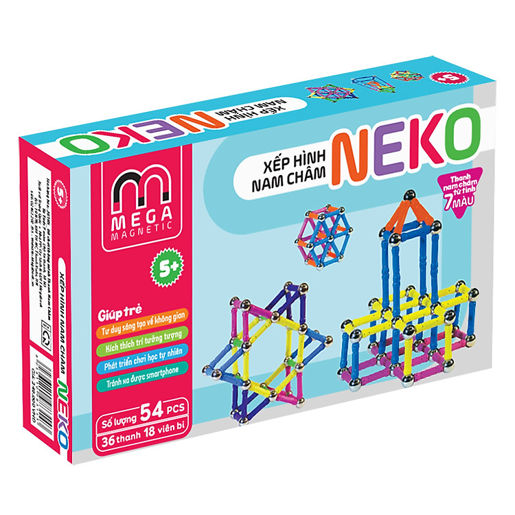 Đồ Chơi Thông Minh Mega Magnetic Thanh Nam Châm Từ Tính 7 Màu Thanh Ngắn (Bộ 36 Thanh, 18 Bi) - Hộp Xanh Dương