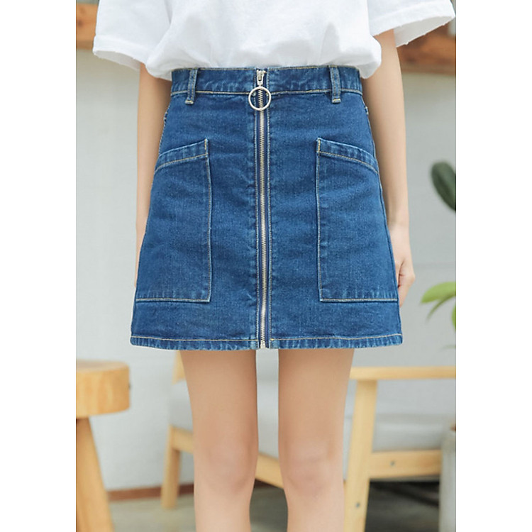 Chân váy jeans chữ A khóa giữa