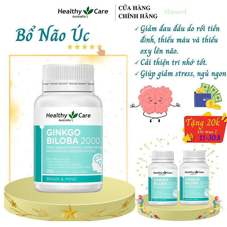 Bổ não Úc Healthy Care Ginkgo Biloba Hỗ trợ các vấn đề tuần hoàn não, Cải Thiện Trí Nhớ, lưu thông máu, Tăng khả năng nhận thức - Massel Official