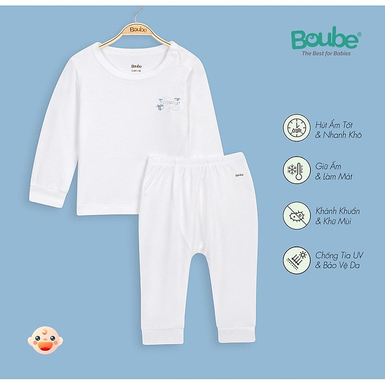 Bộ dài tay cài vai màu trắng Boube - Chất liệu Petit thoáng mát - Fullsize 0 đến 24 tháng