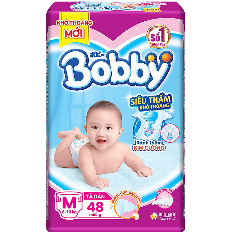 Tã Dán Bobby Siêu Mỏng Thấm Gói Lớn M48 (48 Miếng)