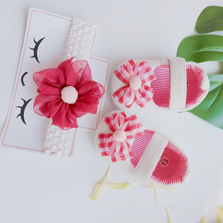 Giày Tập Đi Cho Bé Gái 0-15 tháng - TẶNG KÈM BĂNG ĐÔ- Màu trắng, băng đô đỏ